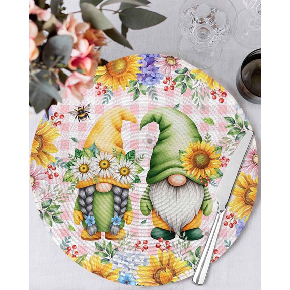 13 Inch Round Placemats Set of 4, Sunflowers Non Slip Heat Insulation PP Table Mats, Spring Gnomes Hydrangea Daisy Flowers Pink Plaid Washable Place Mats for Kitchen Dining Party Table Decor