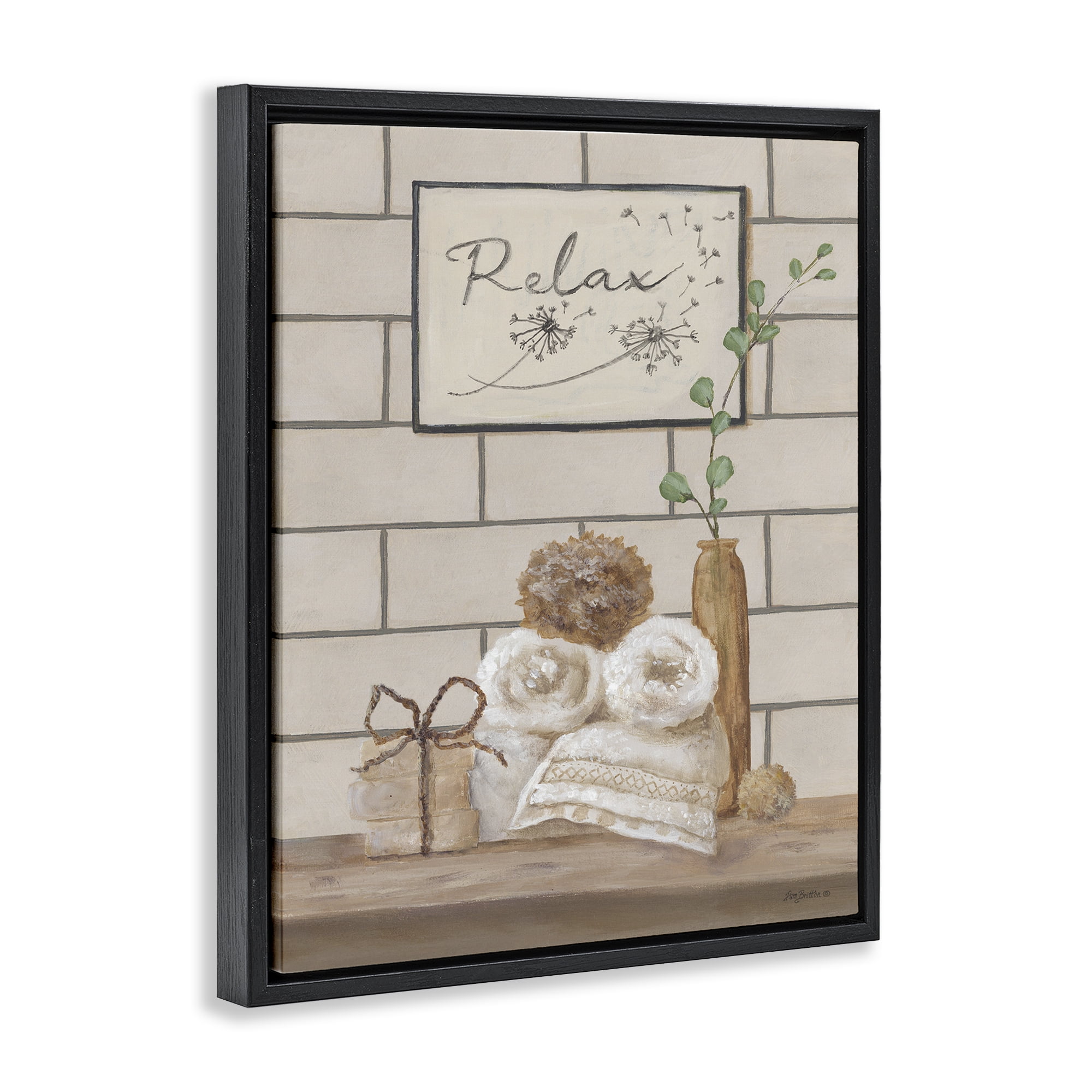 Stupell Industries Relax Bathroom Scene Typography Painting Black Floater Framed Canvas Art Print Wall Art, 17 x 21