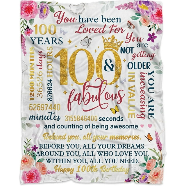 LHSHID 100th Birthday Gifts for Women 100th Birthday Blanket 100 Year Old Birthday Gifts for Granma Mom Wife Sister Birthday Gifts for Women Happy 100th Birthday Party Decorations 60x80in