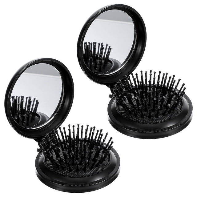 Cepillo de viaje plegable de 2 piezas con espejo, cerdas desplegables compactas para cabello húmedo y seco, color negro.