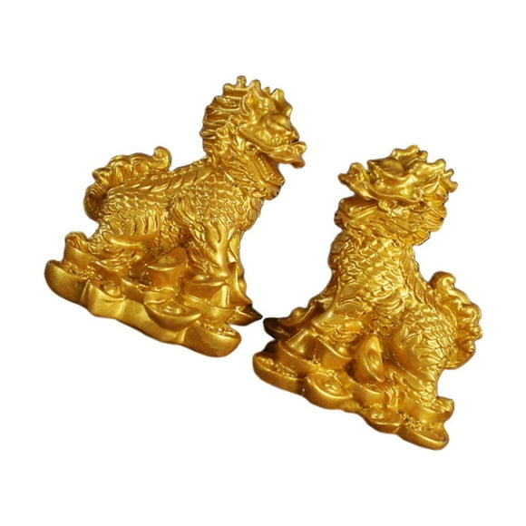 1 Paire Chinoise Cuivre Fengshui Kylin Fengshui Cuivre Chi-lin Richesse Figurine Qilin Dieu Bête Statue pour la Maison Or 5.5x7cm