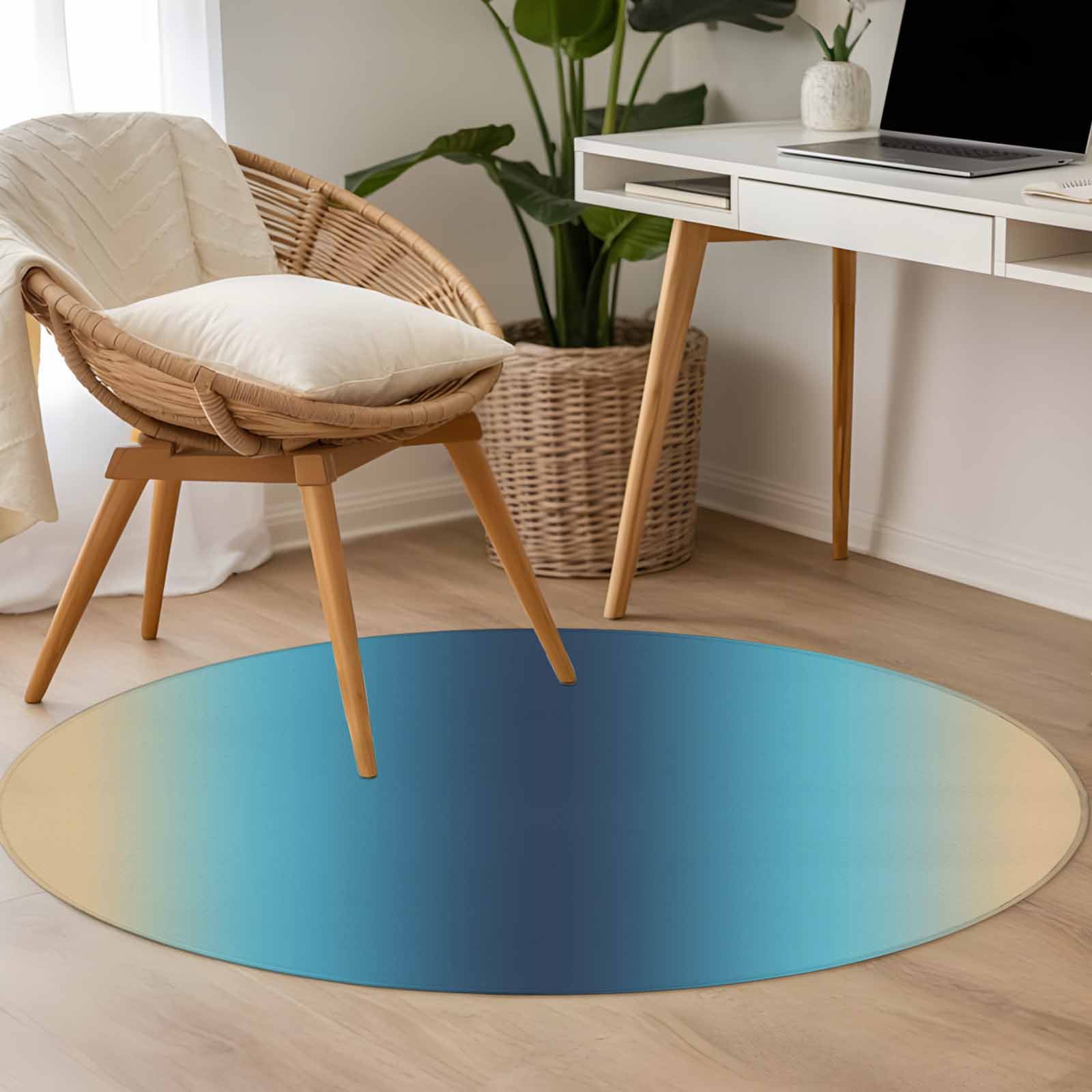 Blue Teal Yellow Ombre Round Area Rug 4Ft Washable Circle Rugs for Bedroom Dining Room, Farmhouse Modern Gradient Art Non-Slip Carpet Floor Mats Indoor Outdoor Carpet Runner Aesthetic Home Decor