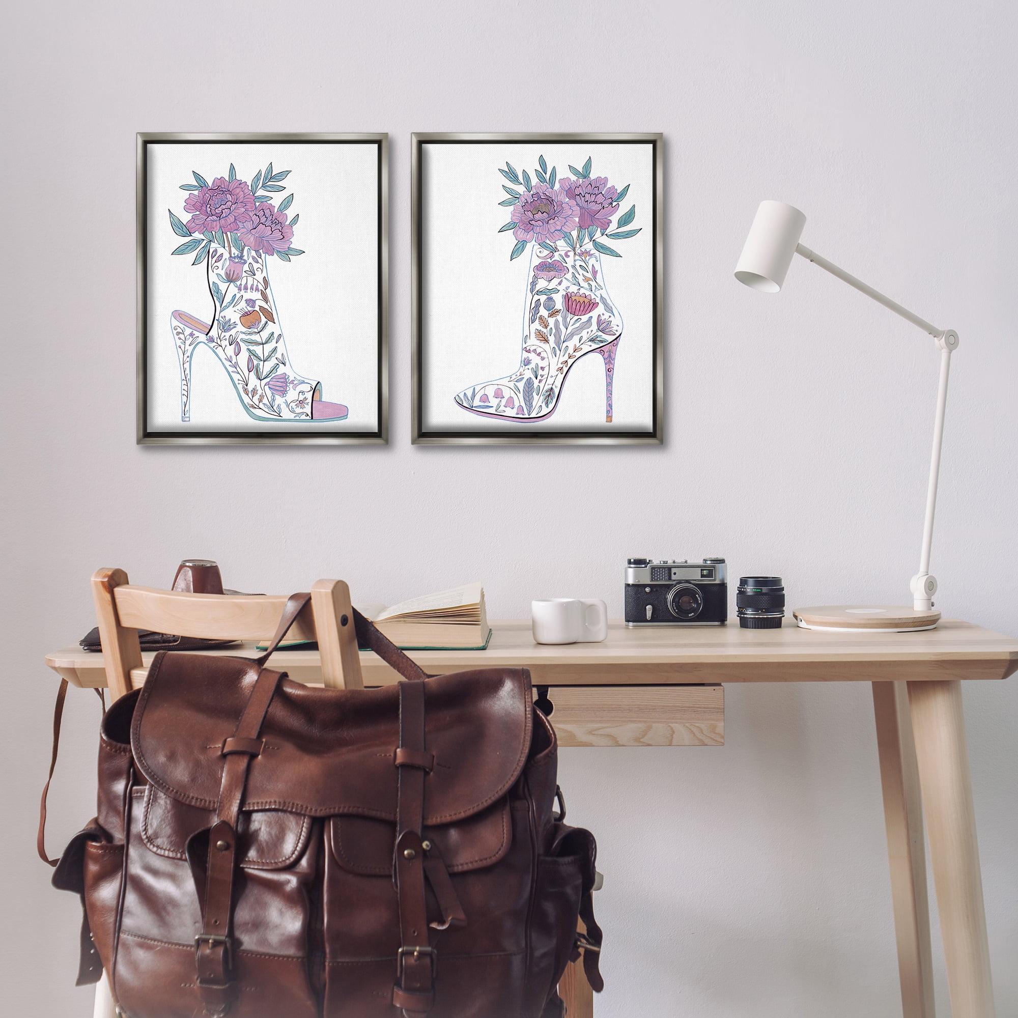 Stupell Industries Floral Stiletto Heel Boots Fashion Painting Gray Floater Framed Canvas Art Print Wall Art, 17 x 21, Set of 2