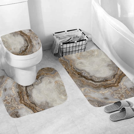 3 Pcs Abstract Marble Stone Bath Rugs Set,Bath Rug Mat + Contour Mat + Toilet Seat Cover, Super Soft Rugs
