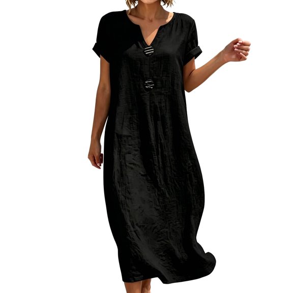 Bysome Women Dresses Button Down Solid Color Short Sleeve V-Neck Dress Summer Comfortable Women Dress Size L Black