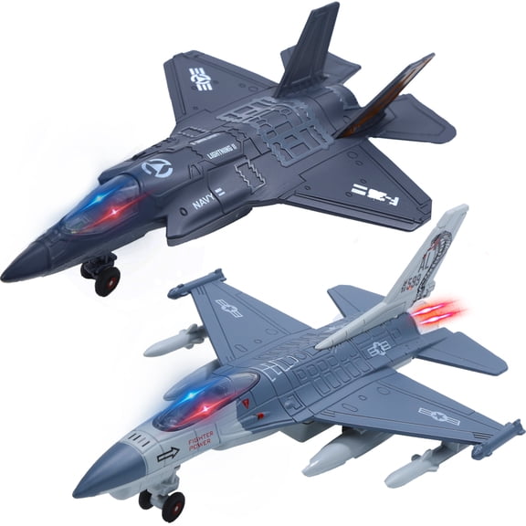 Double Fighter Jet Toy, F35 & F16 Diecast Planes with Lights & Sounds, Pull Back Military Airplane Toy Models, Great Gift for Toddler,Kids, Boys