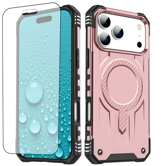 Dswteny Phone Case Compatible with iPhone 17 Pro 6.3 inch Magsafe Tempered Glass Screen Protector Cell Cover Rugged Shockproof Heavy Duty Magnetic Protective i Phone17 i17 17Pro Women Men Rose gold