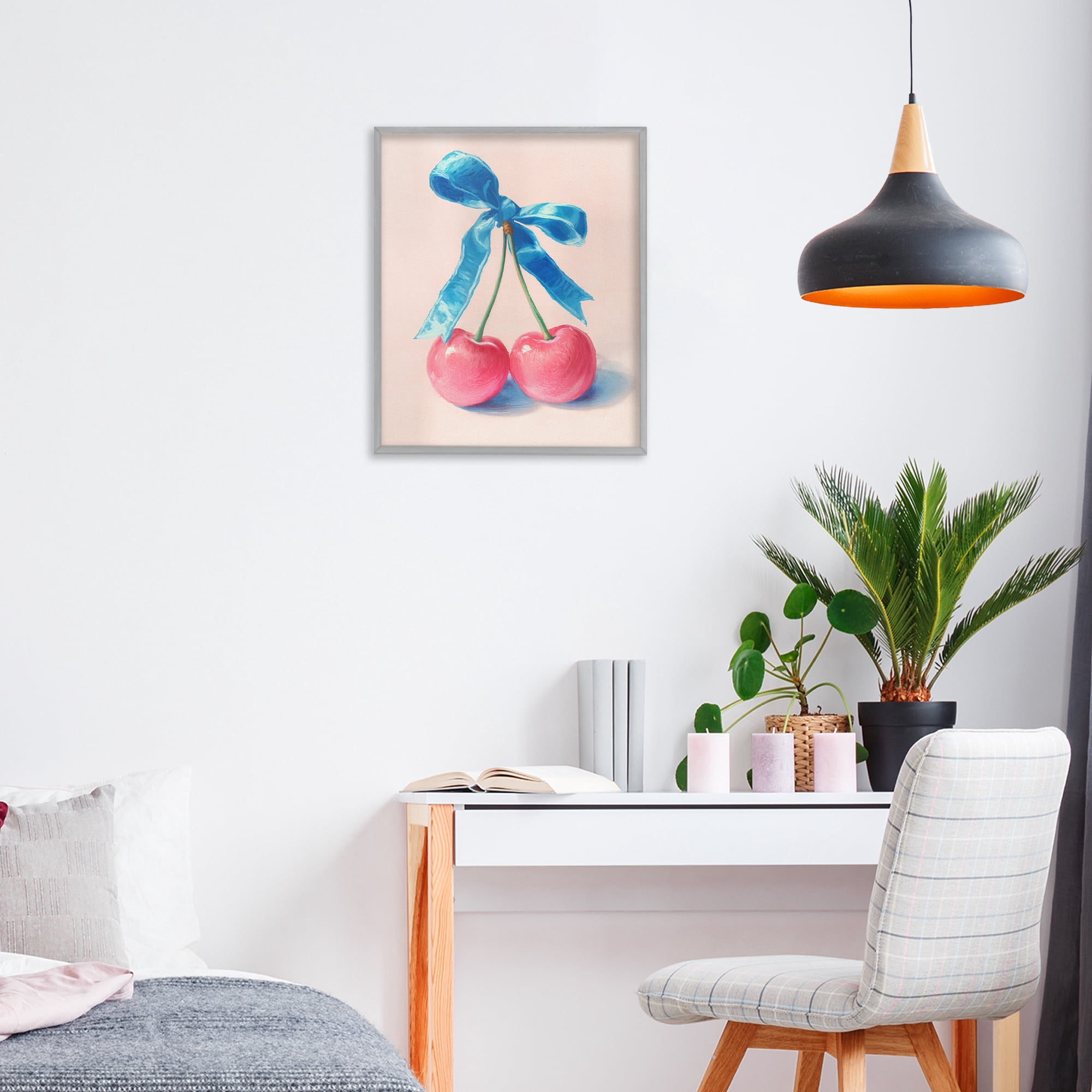 Stupell Industries Twin Cherries with Blue Ribbon Gray Framed Giclee Art, design by Imagine It Images