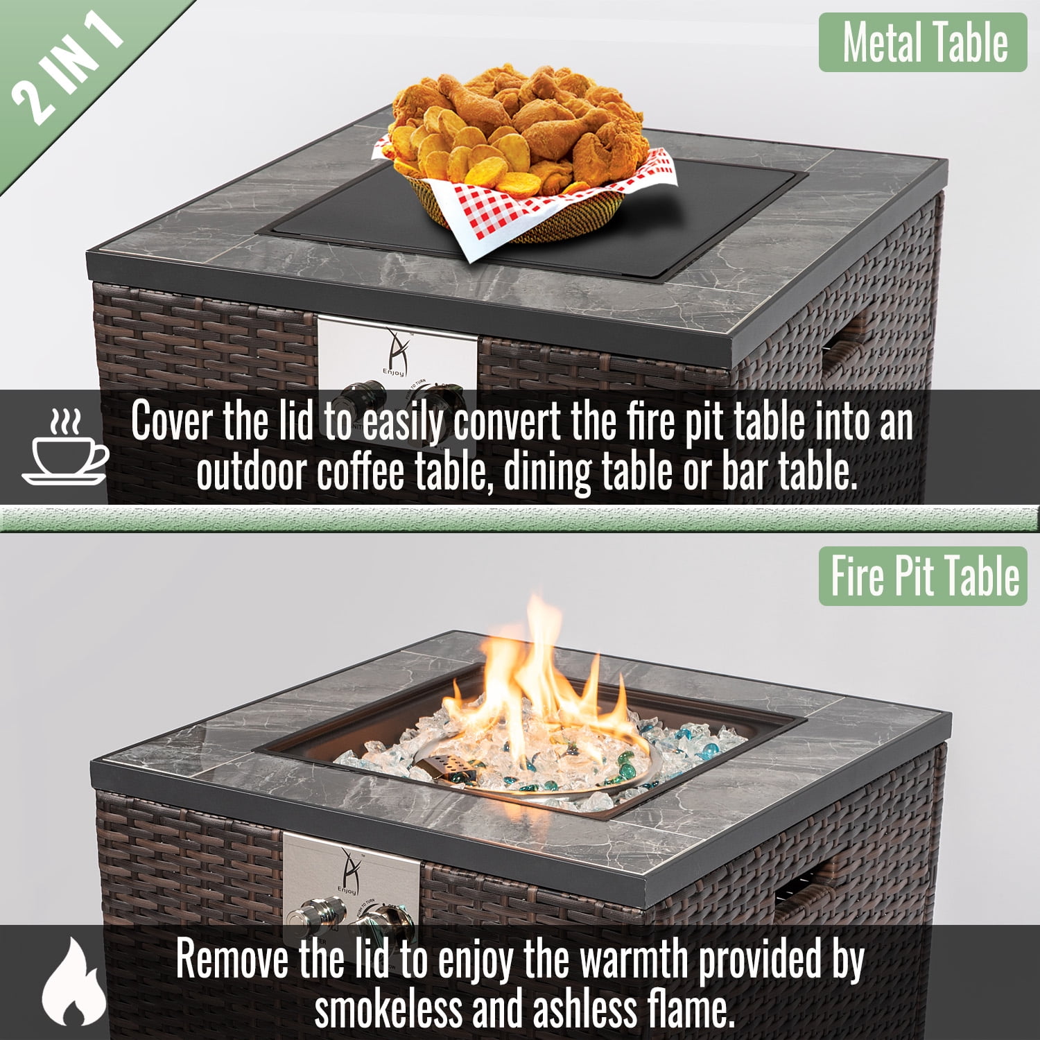 E-Western 24-Inch Propane Gas Fire Pit Table with Wicker Base BTU 50000 Includes Windshield for Outdoor Patio Garden Deck