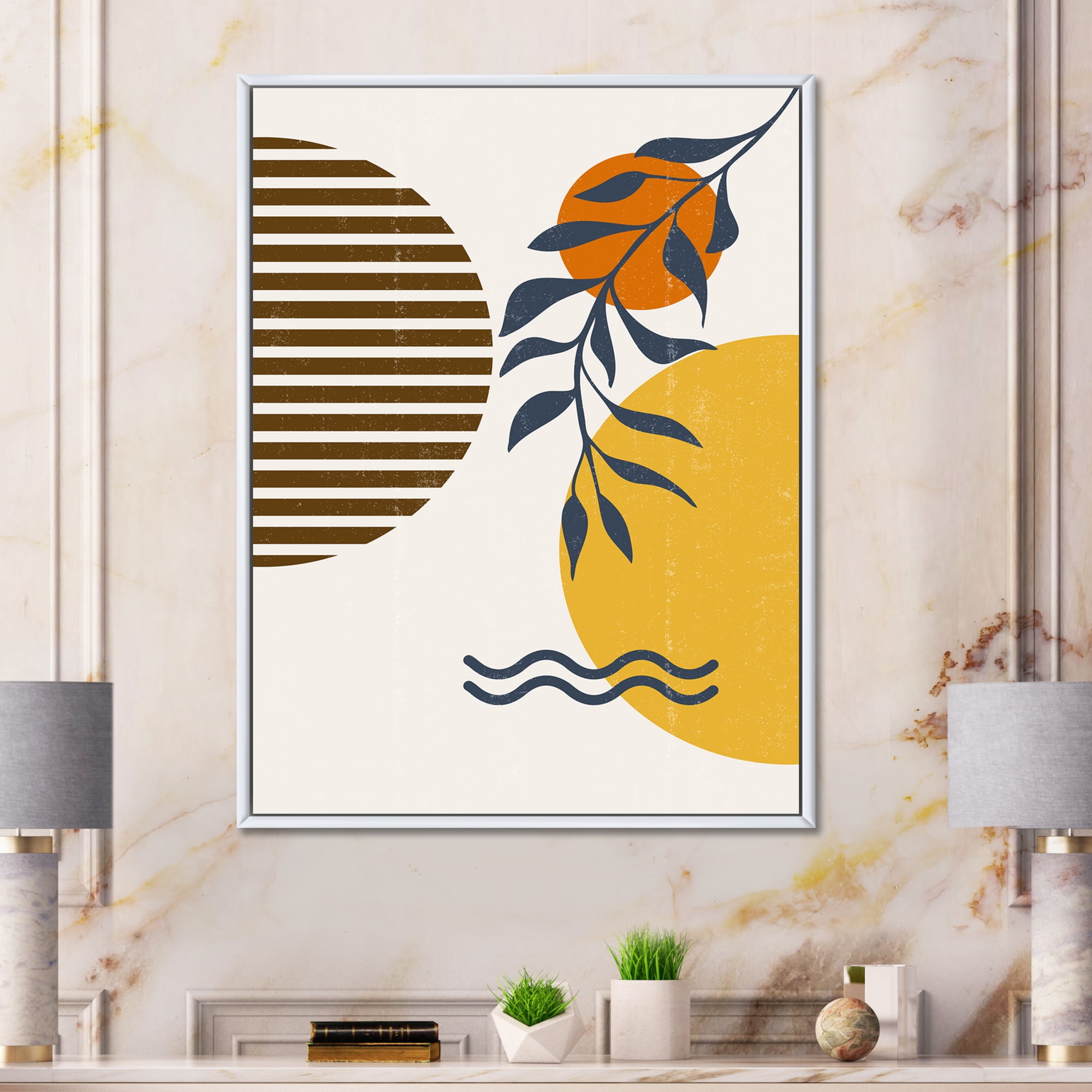 Designart 'Abstract Shapes With Botanical Minimalist Leaf I' Modern Framed Canvas Wall Art Print