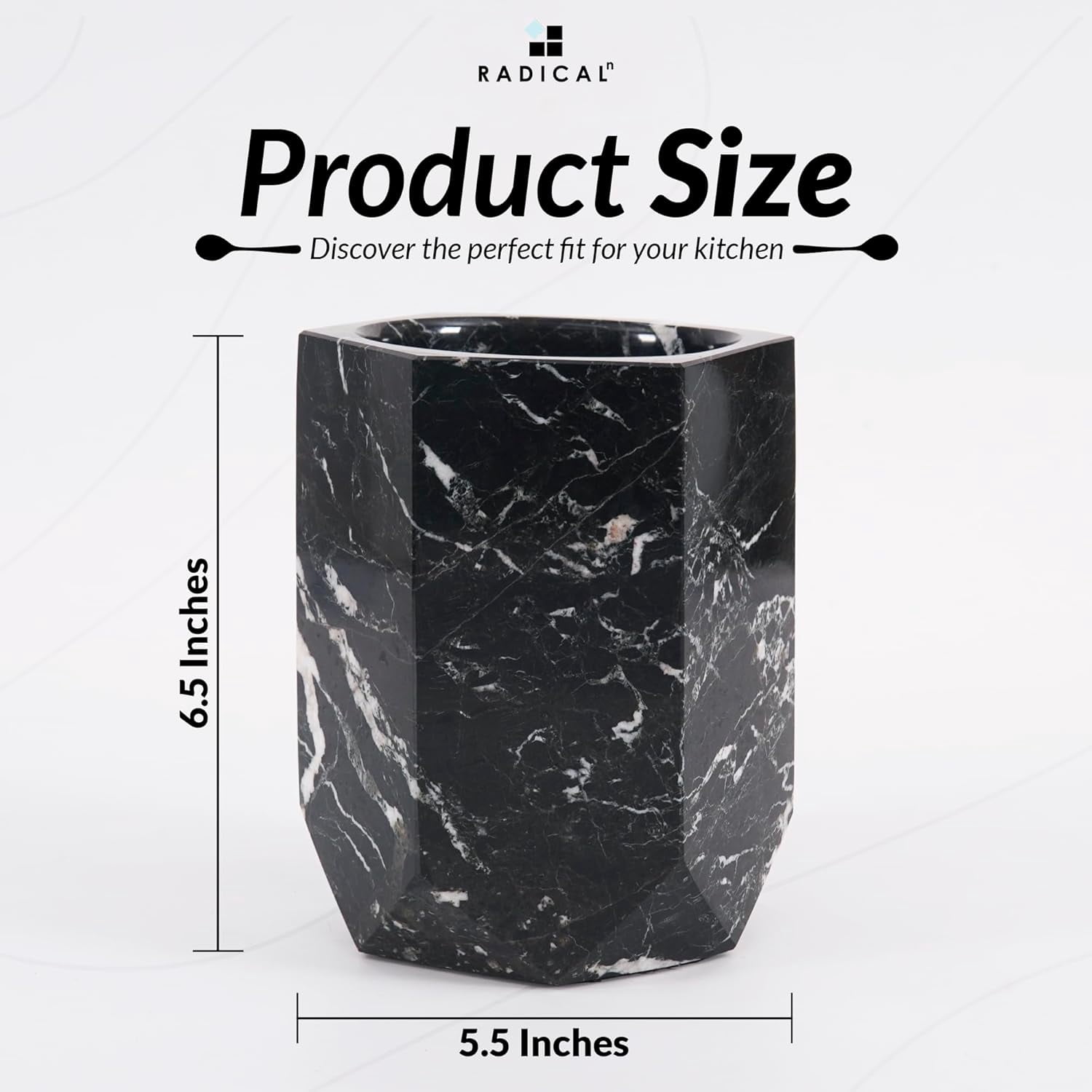 Radicaln Marble Utensil Holder 6.5" Black Handmade Kitchen Utensil Organizer – Durable Cooking Utensil Holder and Spoon Holder for Countertop, Modern Kitchen Décor & Everyday Utensil Caddy