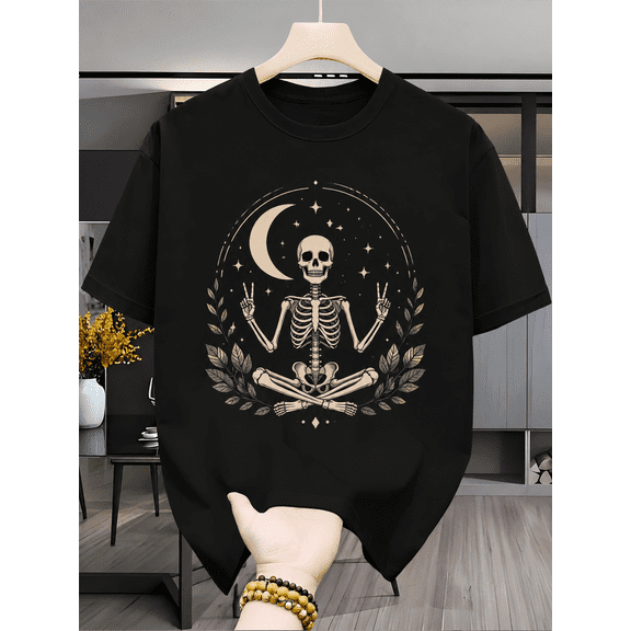 Men Women Meditating Skeleton Peace Sign Graphic T-Shirt, Vintage Boho Crescent Moon Star Leaf Wreath Gothic Short Sleeve Tee