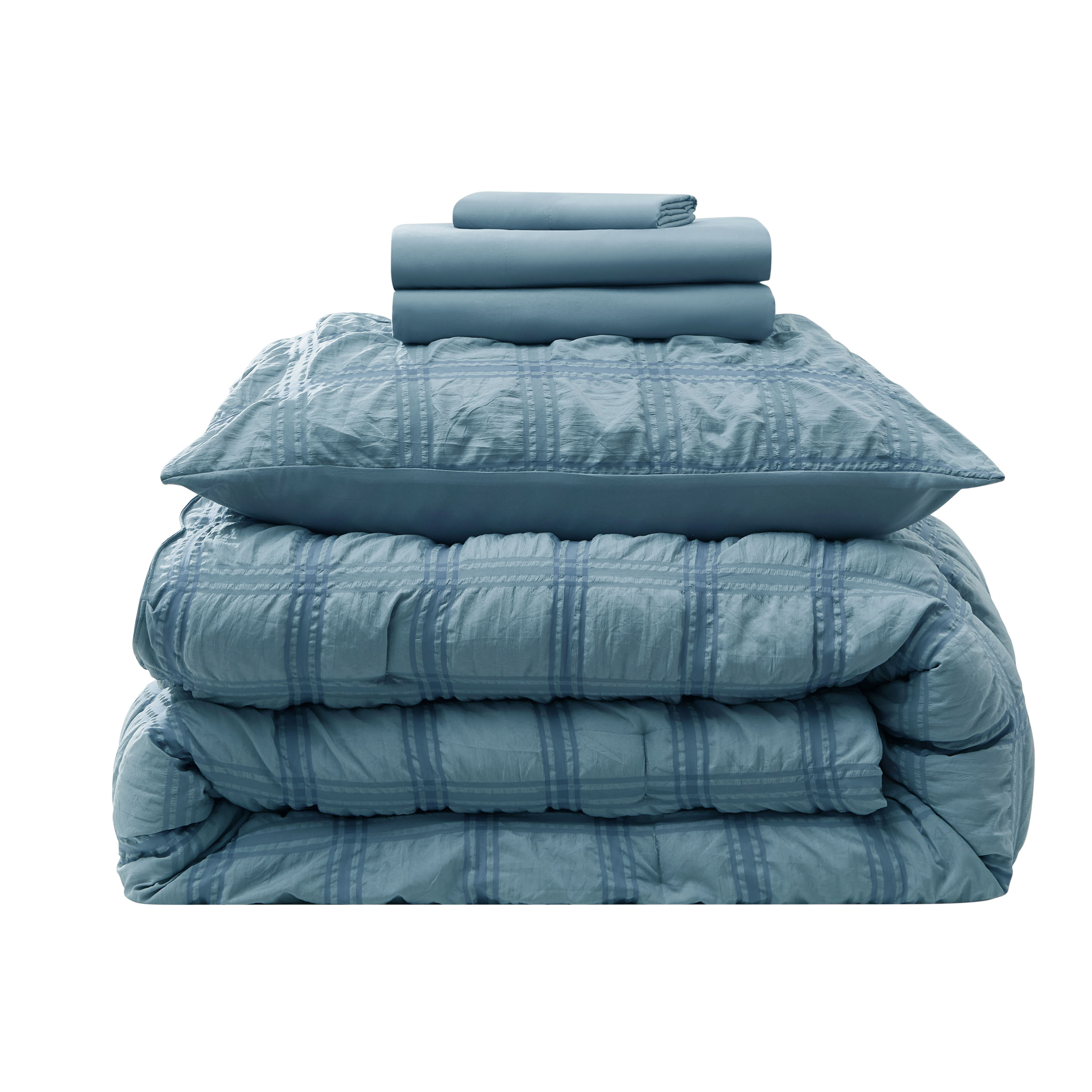 LammaLoe Twin Comforter Sets, 7 Piece Seersucker Bed in a Bag, Bedding Comforter Set with Sheets, Modern Bed Set, Stone Blue