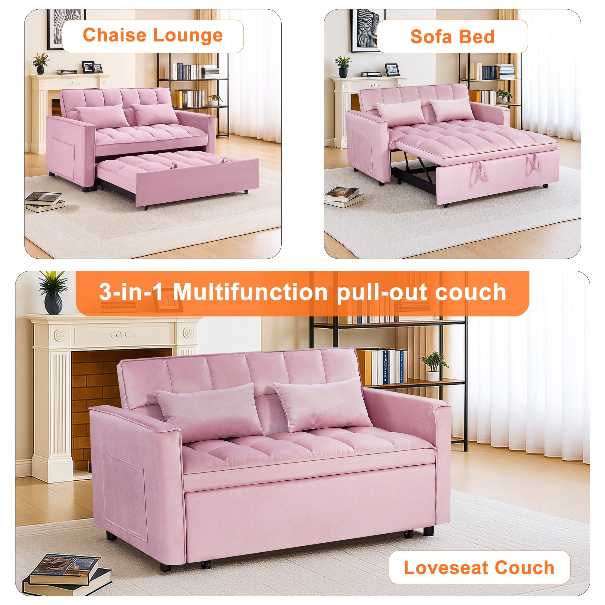 Demi Bonn 3 in 1 Convertible Sleeper Sofa Bed with Side Pocket, Adjustable Backrest Velvet Futon Couches for Living Room, Pull Out Couch, Loveseat, Pink