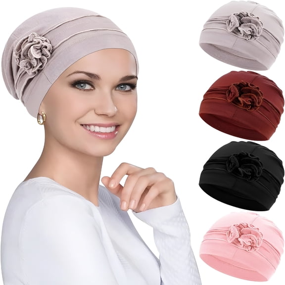 TELOLY 4Pcs Chemo Headwear Turbans Cap Beanie Hat Head Wraps Hair Coverings for Women Sleep Cap Chemo Cancer Hat with Flower Design (4 Colors)
