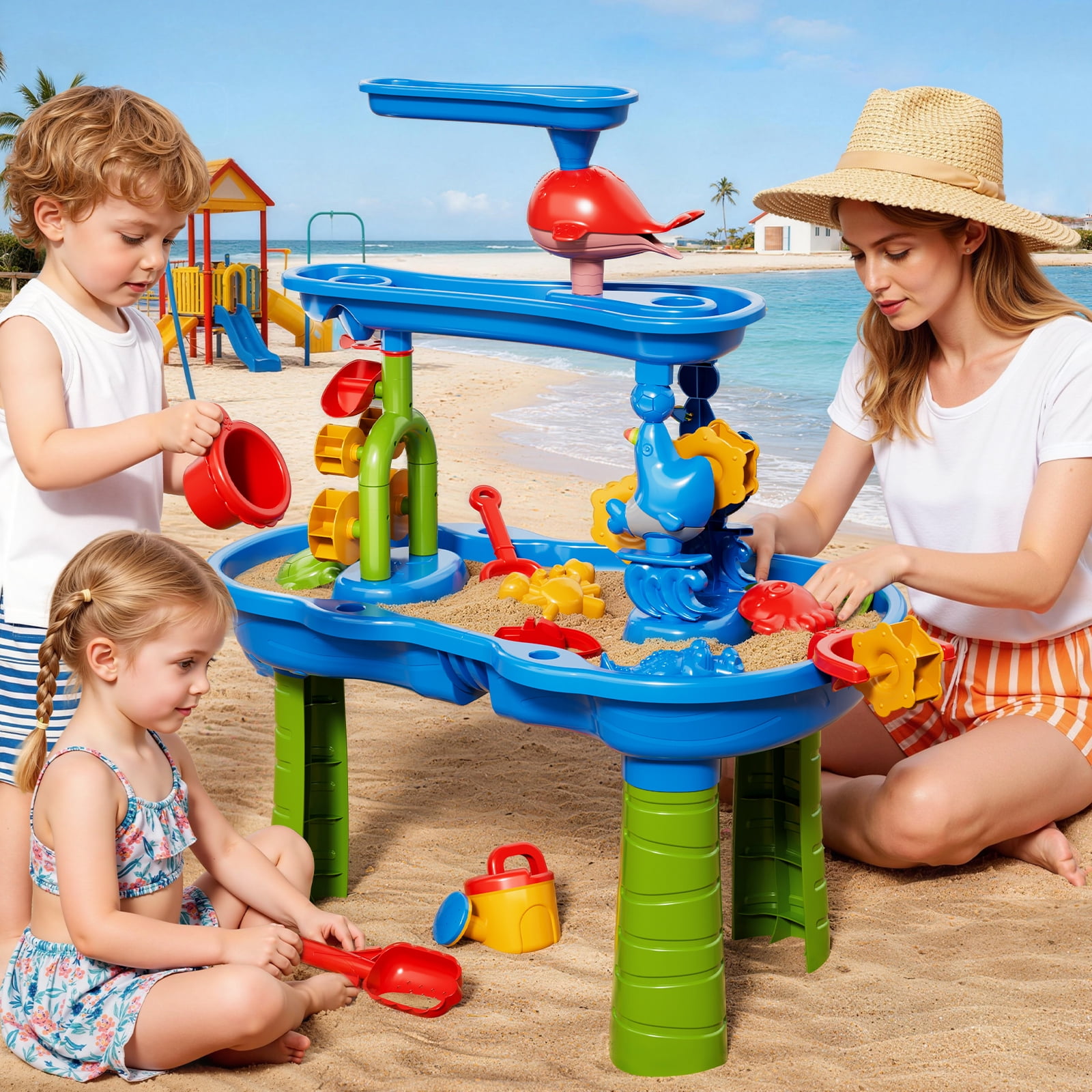 3-Tier Water Table for Toddlers 1-3, Multi-Functional Sand Water Table Toy with Rich Sand Toys, Sensory Activity Table for Kids Outdoor Indoor Beach Fun