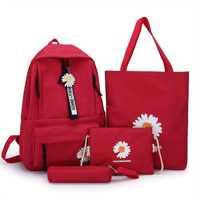 Juego De Mochila Kawaii De 4 Piezas, Mochila Escolar Con Estampado De Margaritas Con Bolso De Mano, Bandolera Y Estuche Para Lápices
