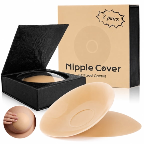 PULIOU Nipple Covers for Women, 2 Pairs Reusable Silicone Breast Sticky Covers, No-Adhesive Center & Washable, Nude, A-C