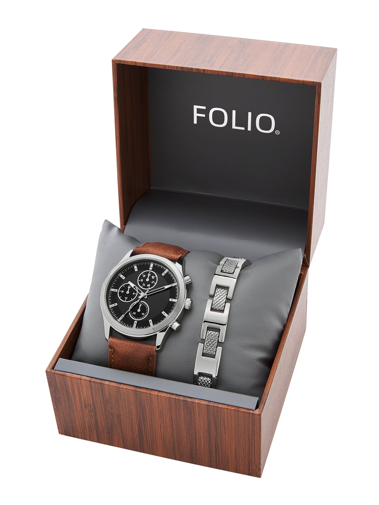Folio Adult Men's PU Leather Brown 44mm 2pc Wristwatch Set
