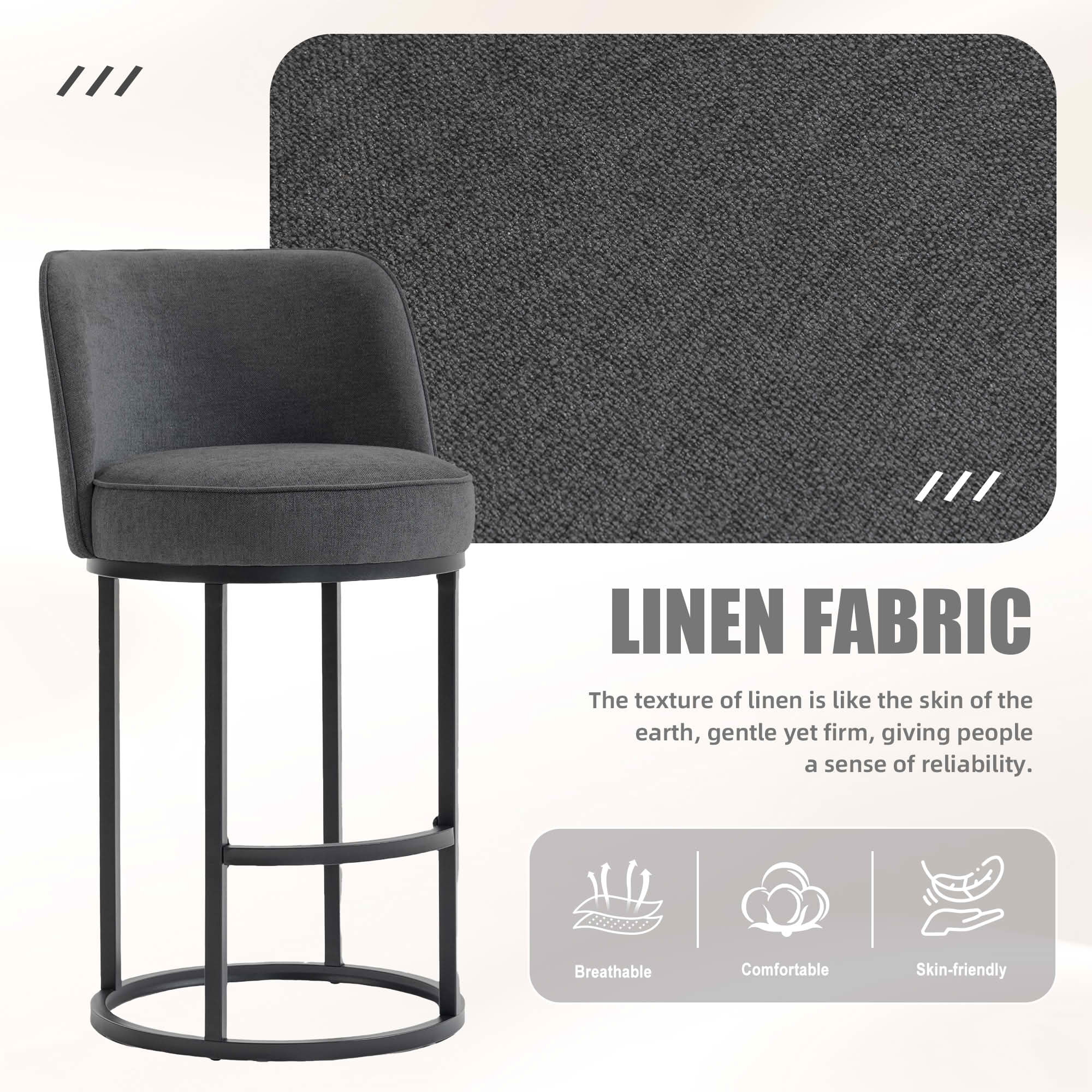MAYEERTY Counter Height Bar Stools Set of 2, Barrel Back Linen Accent Stools with Footrest for Kitchen, Gray