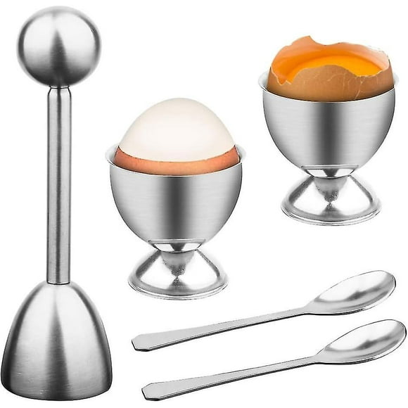 Egg Slicer Stainless Steel Egg Tool With Spoons And Egg Cup, Shell Cutter For Hard And Soft Eggs, Egg Opener Cutter For Home Kitchen