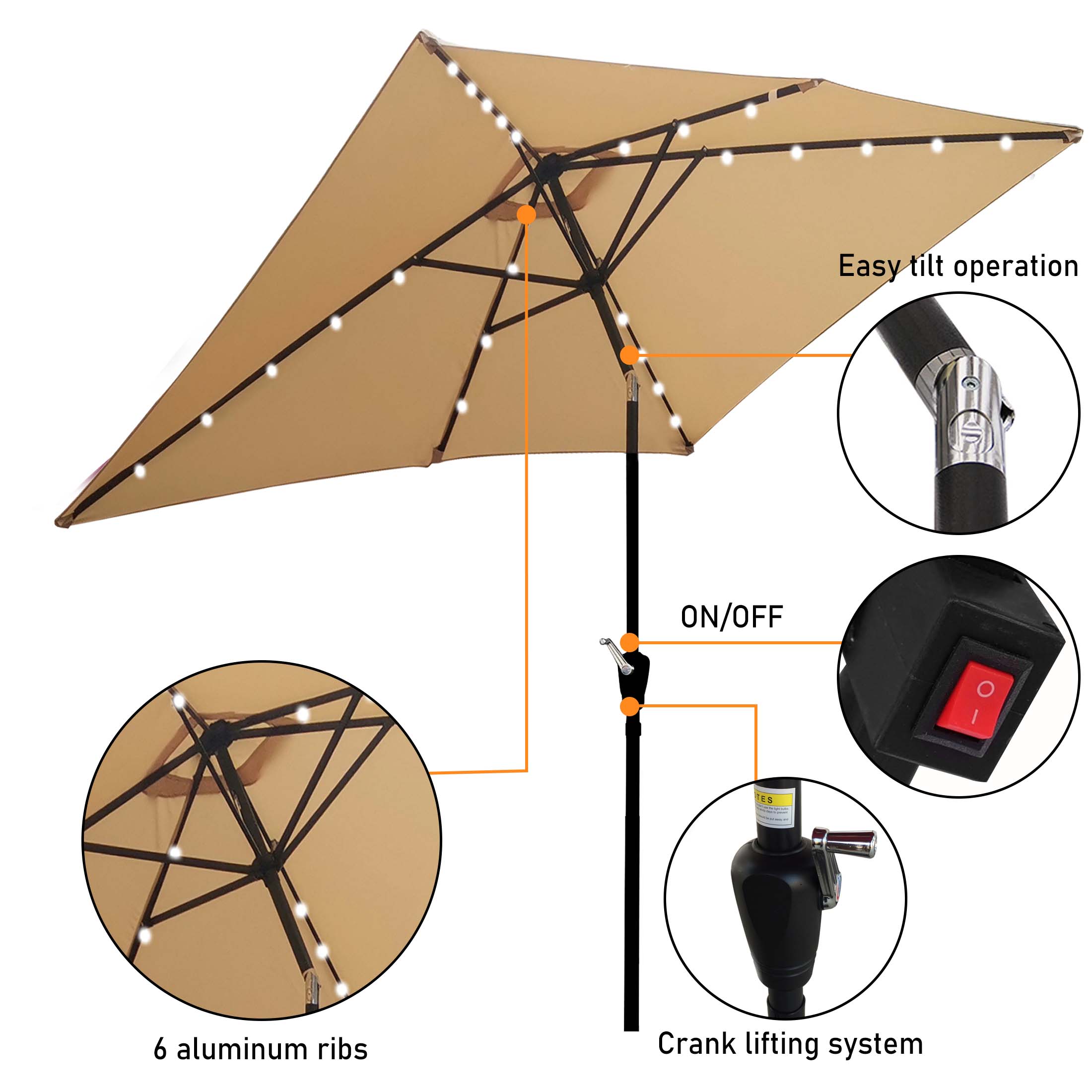 Aukfa 10 x 6.5ft Rectangular Patio Solar LED Lighted Outdoor Umbrellas for Market Beach Pool - Tan