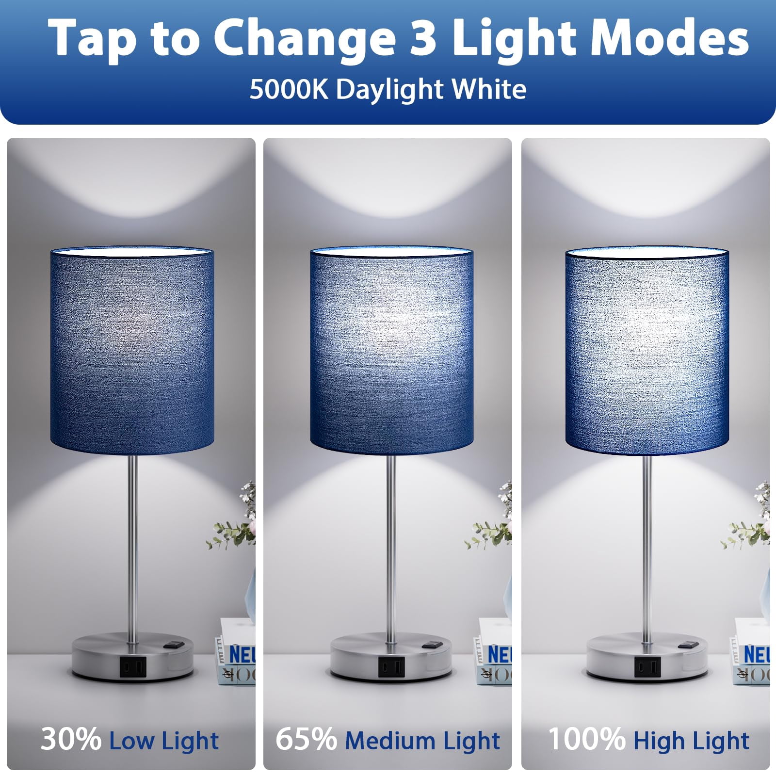 Blue Touch Lamps For Nightstand Set Of 2 - Bedside Table Lamp Bedroom With Dual Usb Ports & Ac Outlet  3-way Dimmable Living Room Night Light 5000k Daylight Bulbs