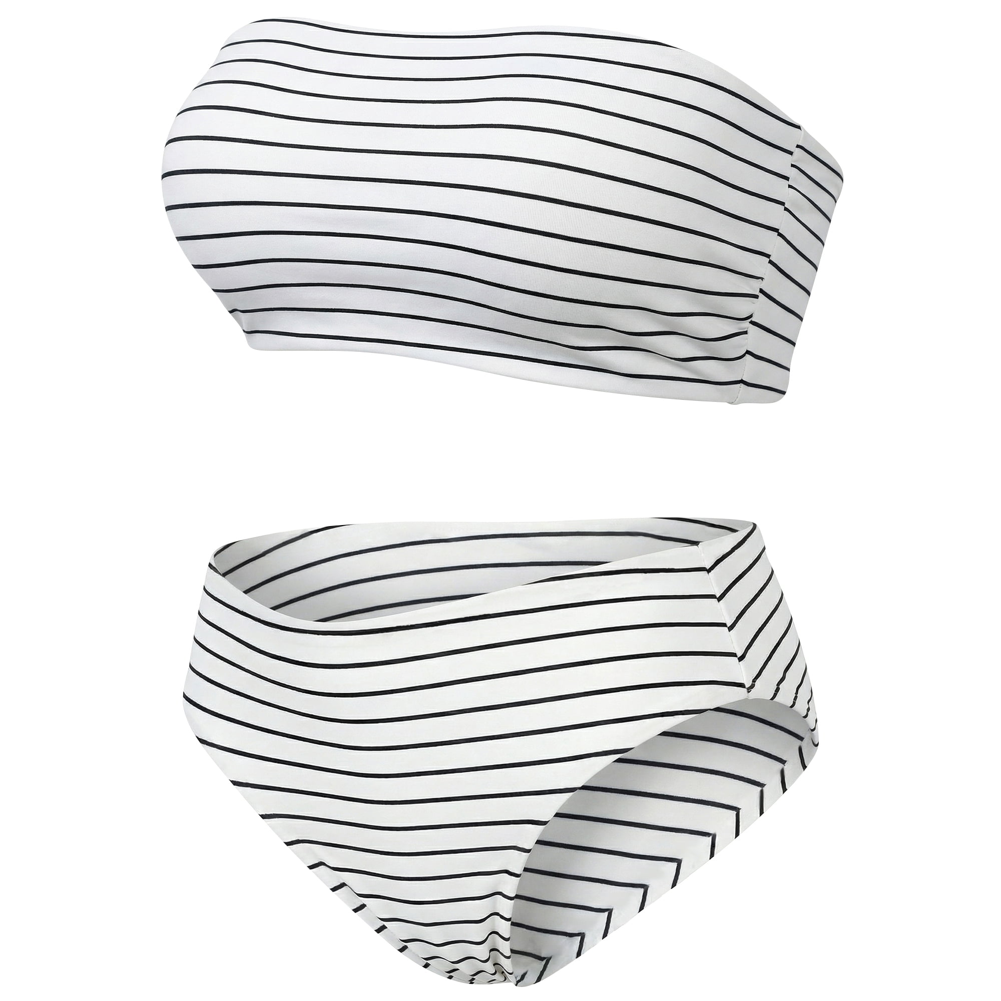 DARING DIVA Women's Plus 2pcs Bandeau Bikini High Waist Bathing Suit 3X White Stripes