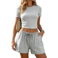 thumbnail image 2 of RFQWOVSR Womens Ribbed Knit Short Sleeve Top and Drawstring Shorts 2 Piece Set Side Split Casual Summer Lounge Outfits S, 2 of 5