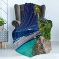 thumbnail image 4 of Ocean Soft Flannel Fleece Throw Blanket, Wooden Boardwalkt the Beach Palm Trees in Dark Sky Hawaiian Paradise Scene, Cozy Plush for Indoor and Outdoor Use, 50" x 60", Turquoise Green, by Ambesonne, 4 of 5