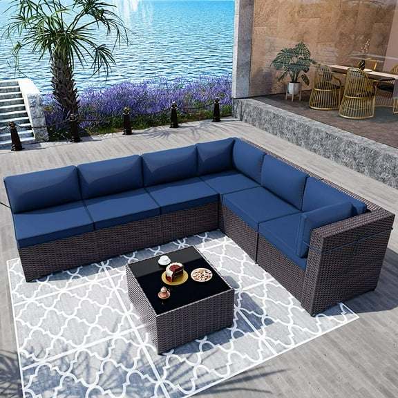 Gotland 7 Piece Patio Conversation Set,Rattan Wicker Outdoor Furniture Patio Sectional Sofa Navy Blue