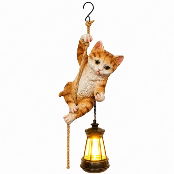 Solar Cat Garden Statue with LED Lantern, Hanging Climbing Kitten Outdoor Decor, Resin Animal Figurine for Tree, Porch, Patio, Yard, Balcony, Gift for Cat Lovers