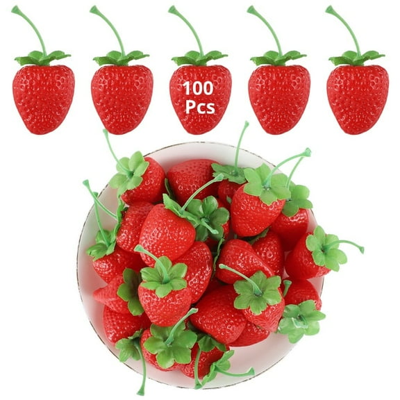 100Pcs Artificial Strawberries, 2.76" Faux Plastic Red Strawberry Decorations, Lifelike Strawberry Simulations, Realistic Fruit Props for Party, Photography, Fake Strawberries for Decor