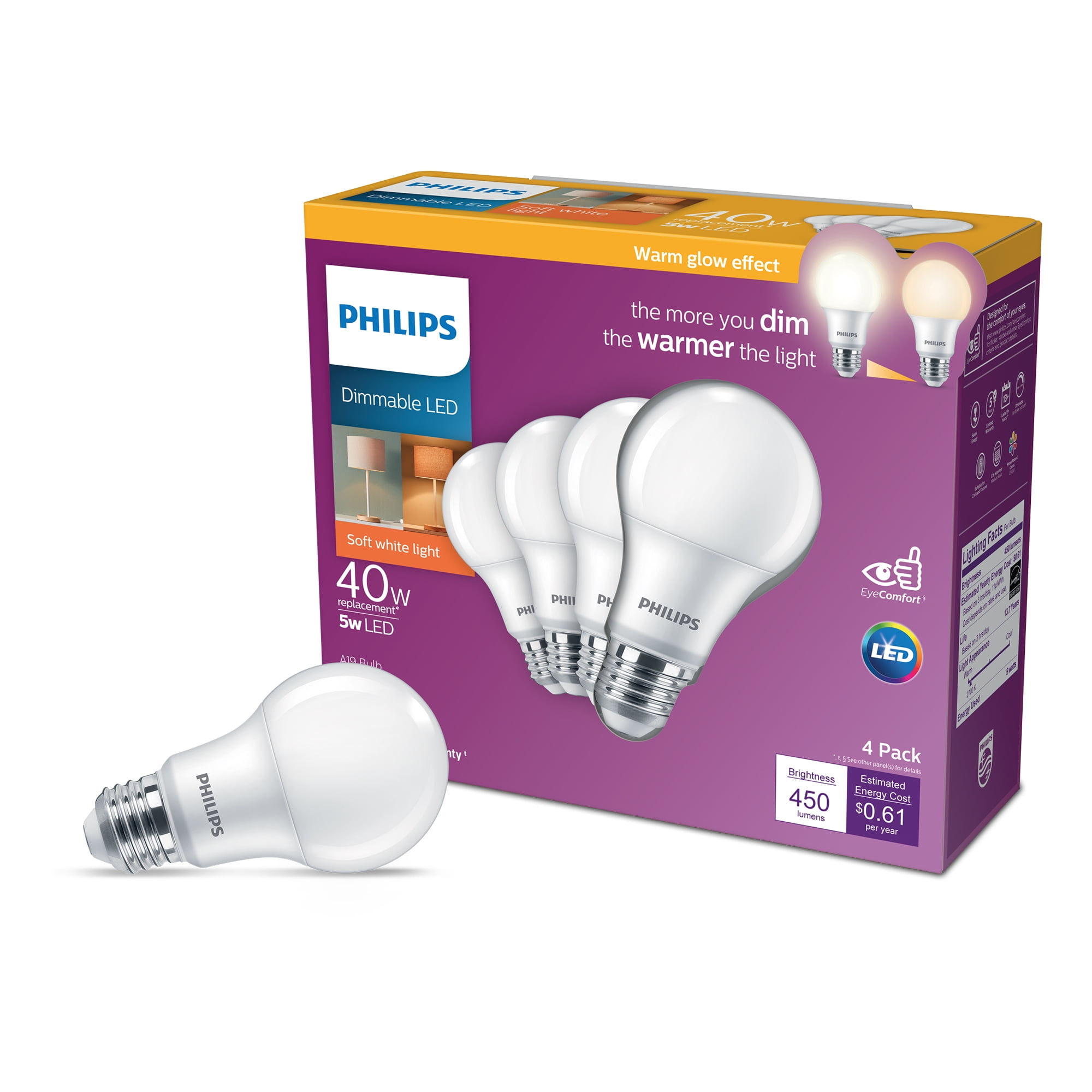 Philips LED 5 W (40 W Equivalent) Soft General Purpose Light Bulbs, A19 Bulb Shape, E26, Base (4 Pack) - Walmart.com