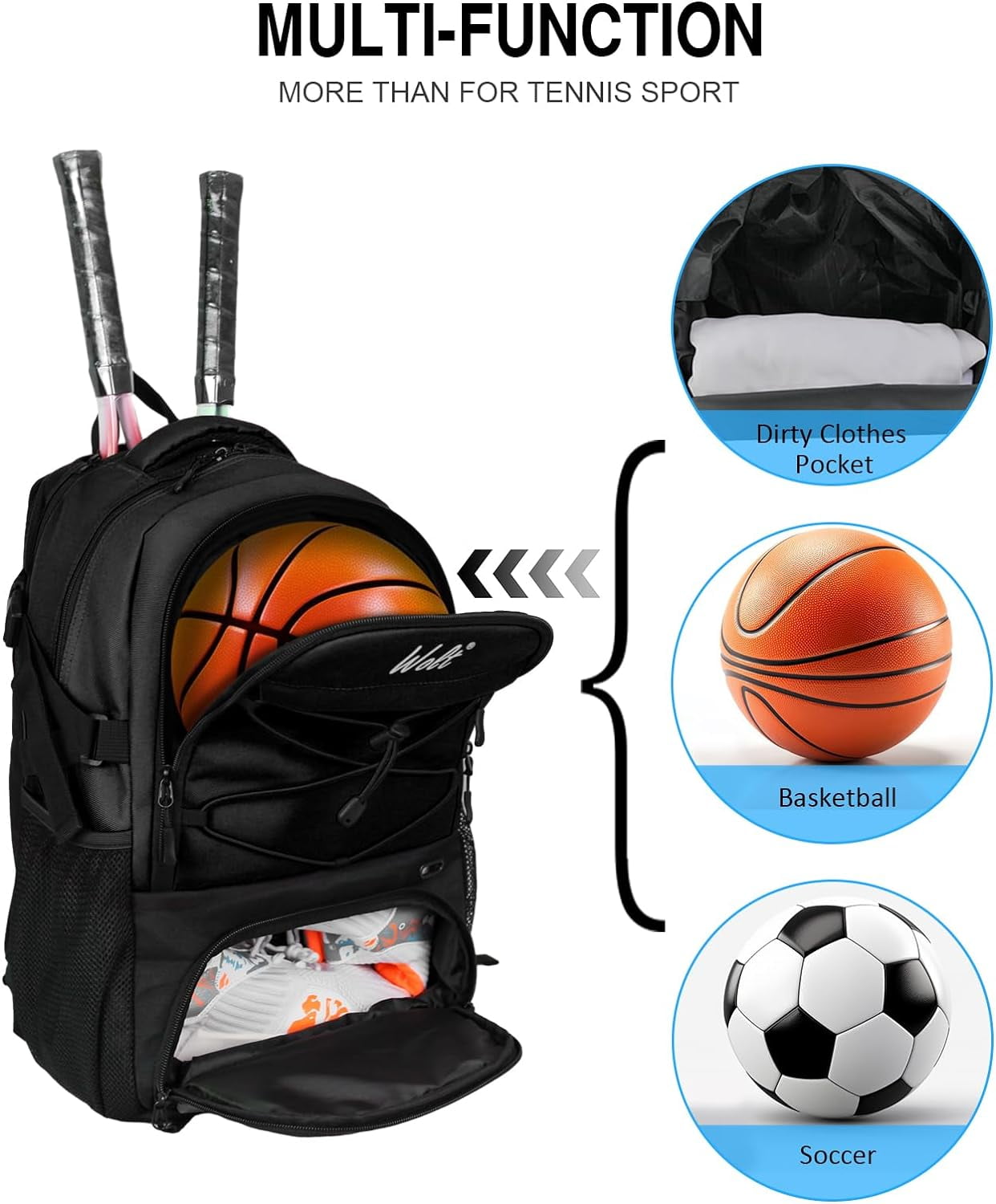 WOLT Tennis Racquet Sports Backpack Bag, 34L Capacity, Polyester with Ventilated Shoe Compartment, Black
