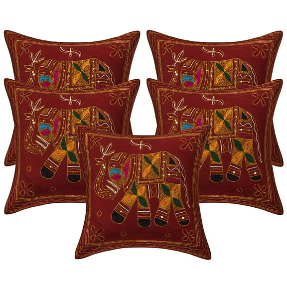 Stylo Culture Indian Sofa Throw Pillow Covers 16 x 16 Gold Thread Embroidered Maroon Ethnic 40cm x 40cm Home Decor Cotton Elephant Square Cushion Covers | Set Of 5