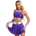 thumbnail image 3 of Xnihocha Womens 3Pcs Cheerleader Dance Set Super Women Outfits Tank Crop Tops+Skirts+Gloves Streetwear Purple L, 3 of 7