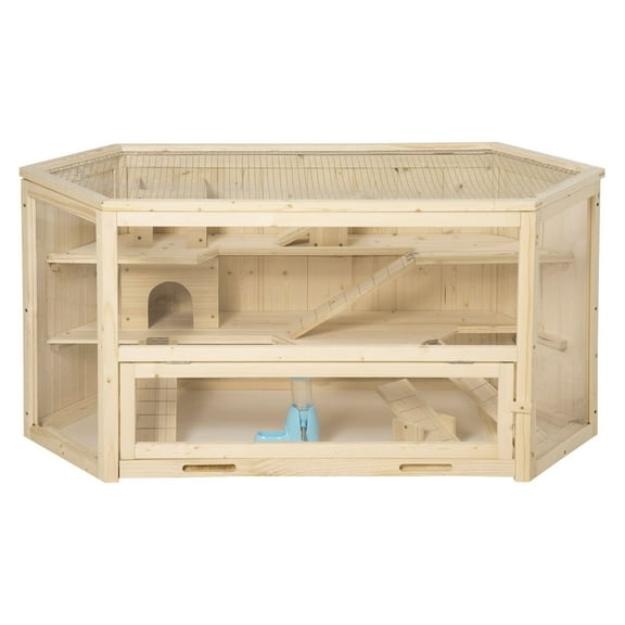 SAZYY 3 Tier Large Wooden Hamster Cage with Slide Activity Center, Ladder & Feeding Bowl - Small Pet Playhouse