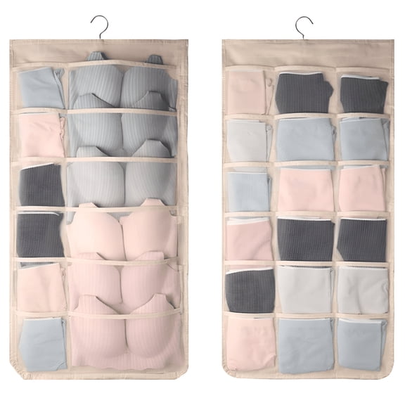 LAMIRO Hanging Organizer for Closet with 30 Mesh Pockets Double-sided Oxford Cloth Bra/Sock/Underwear Storage with Rotating Hanger Simple Space-saving Bag (Beige)