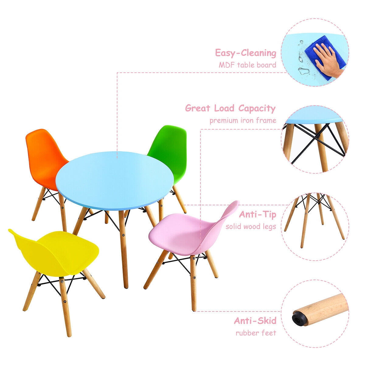 Gymax 5 PC Kids Colorful Round Table Chair Set w/ 4 Armless Chairs