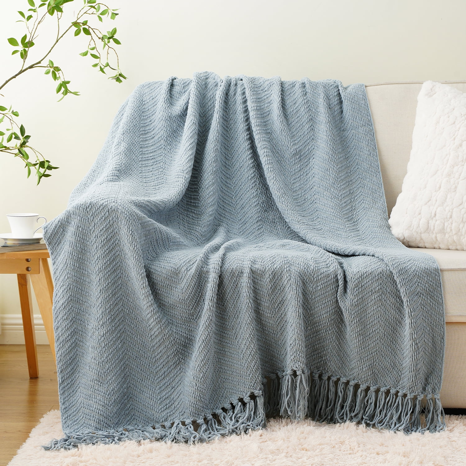 Battilo Bluish Grey Chenille Throw Blanket for Couch,Soft Knit Throws with Tassels for Living Room,50"x60"