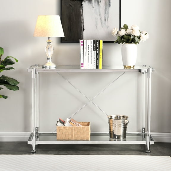 43.13'' Acrylic Side Table With Glass Top, 2 Shelves, Construction For Living Room & Bedroom Decor, 43.13'', Legs,
