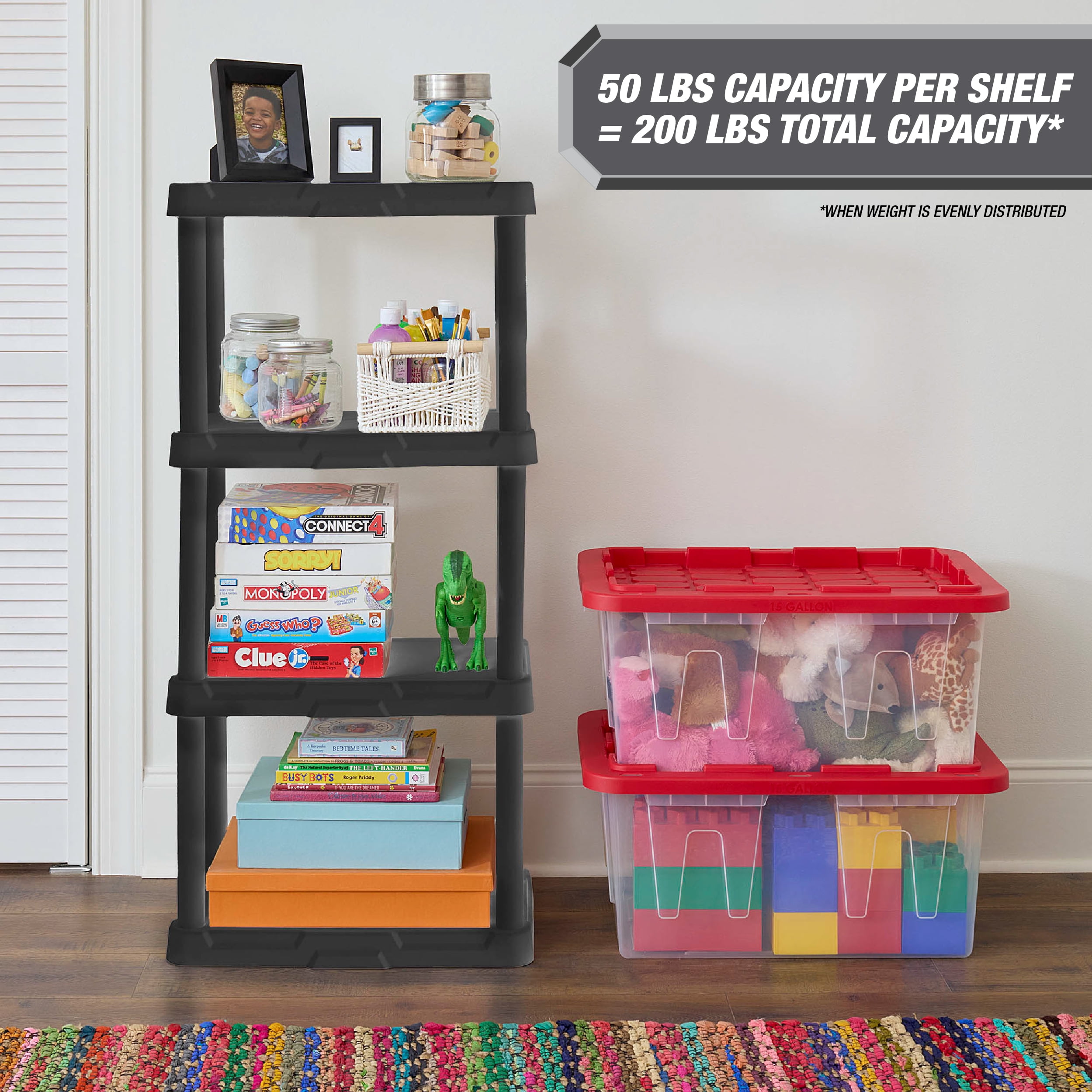 Hyper Tough 4-Shelf Plastic Storage Shelf, Black, 22" W x 14" D x 47" H