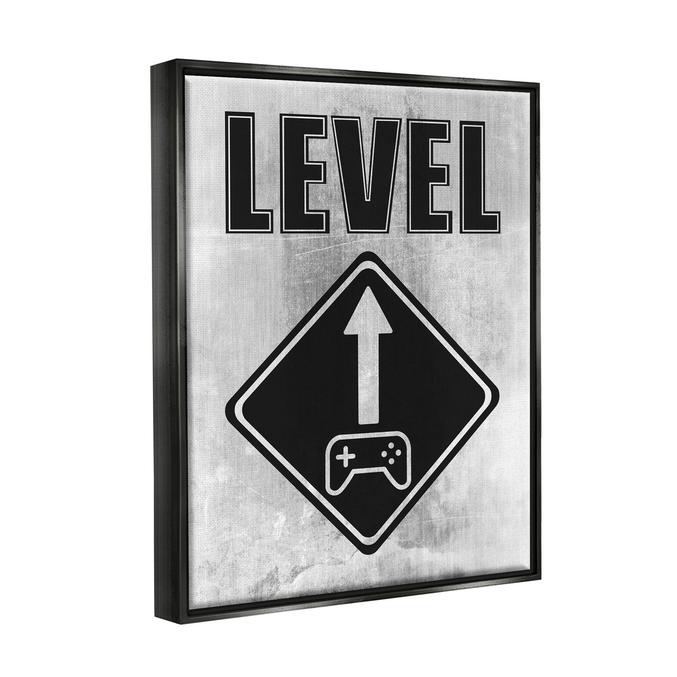 Stupell Industries Level Up Gaming Symbol Sign Graphic Art Jet Black Floating Framed Canvas Print Wall Art, Design by Marcus Prime