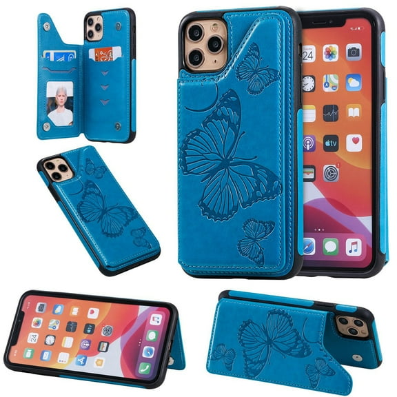 Dteck For Apple iPhone 11 Pro Max 6.5 inch Magnetic PU Leather Wallet Case Shockproof Rubber Card Holder Flip Butterfly Patterned Cover,Blue
