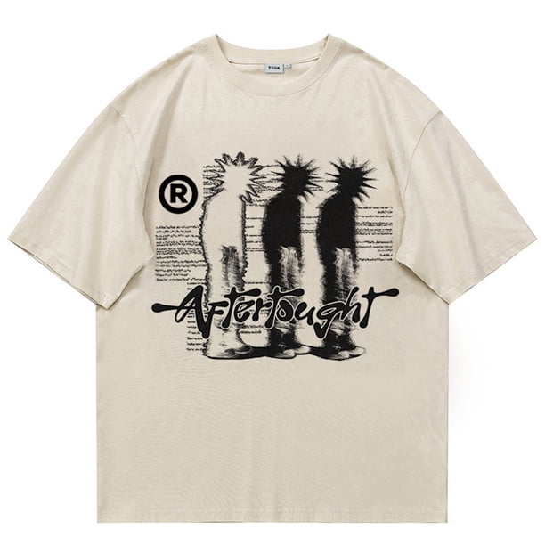 Camiseta de algodón de gran tamaño para hombre, ropa de calle con estampado gráfico Shadow Y2k, Top de manga corta, Hip Hop, Harajuku, ropa estética VintageBeige
