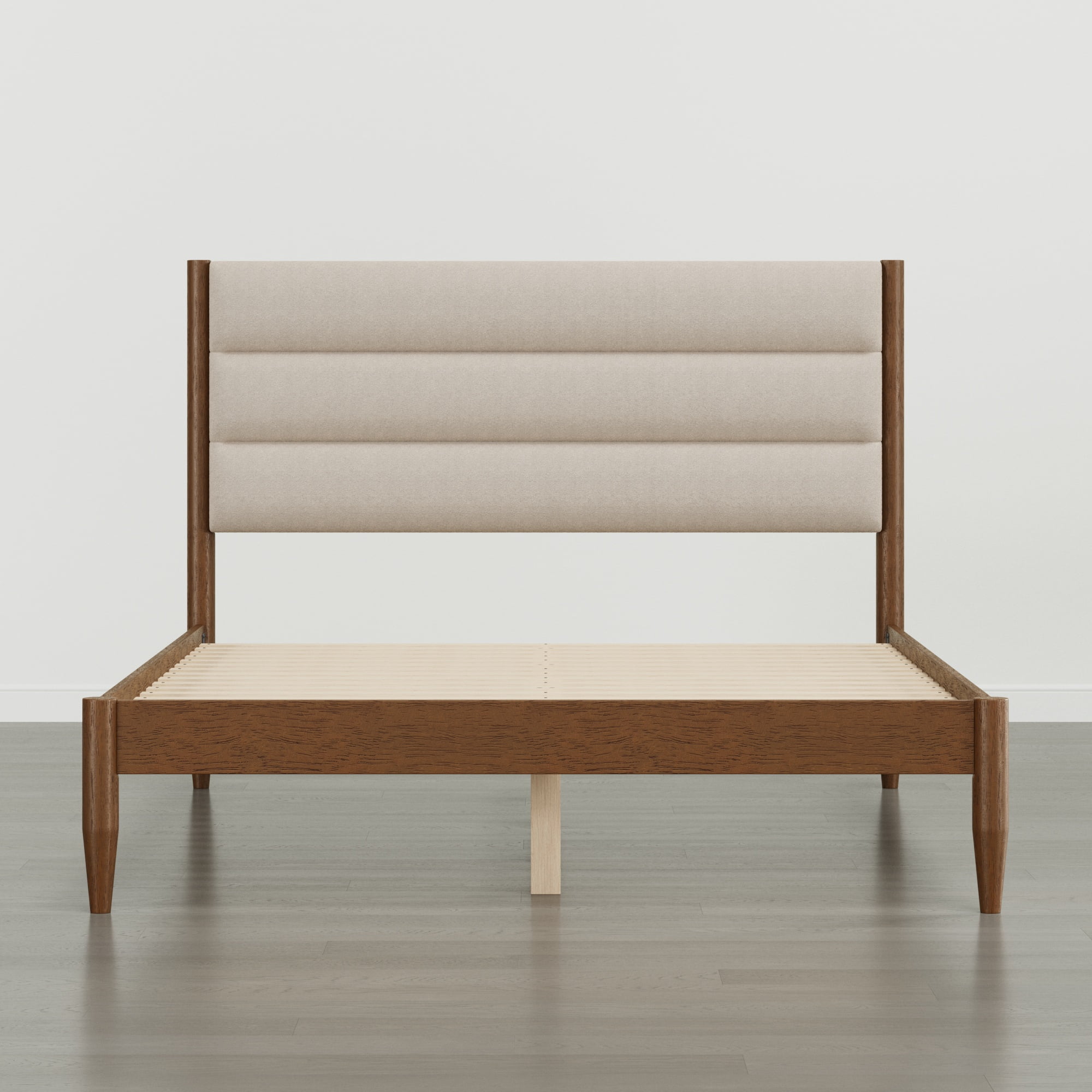 Spruce & Spring Farmhouse Queen Upholstered Bed Frame, Solid Rubberwood Frame, Oatmeal Boucle Headboard, Noise-Free, No Box Spring Required, Walnut & Oat