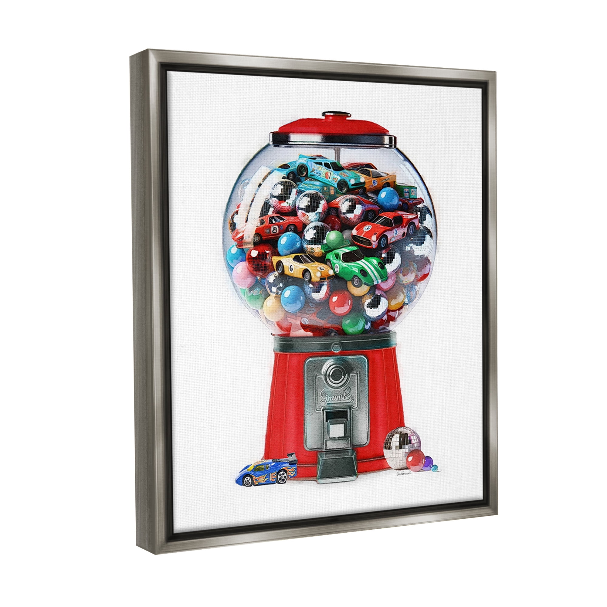 Stupell Industries Race Car Candy Dispenser Transportation Painting Gray Floater Framed Canvas Art Print Wall Art, 17 x 21
