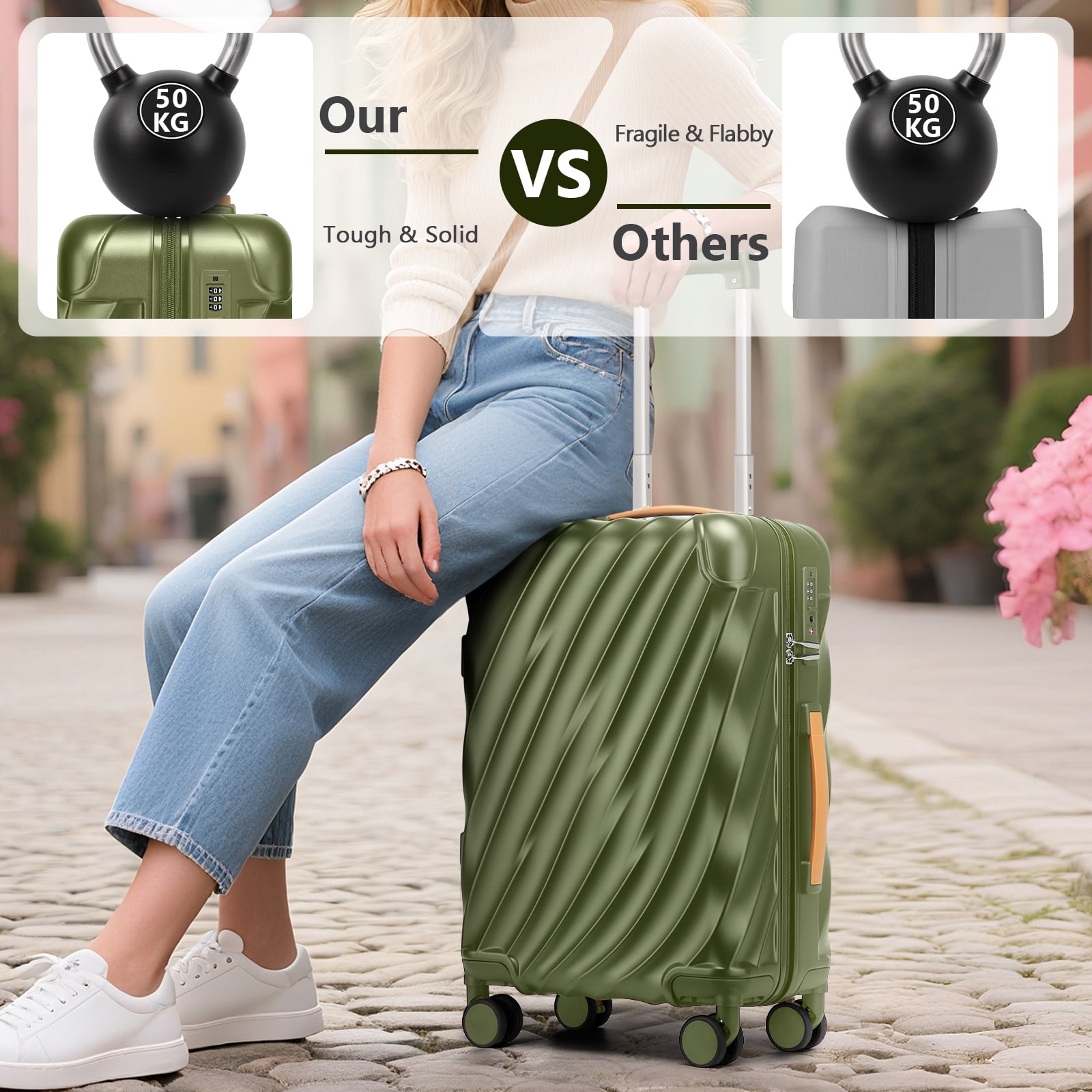 Joyway 3-Piece Carry on Luggage PC Ultra-Hard Shell Lightweight Suitcase TSA Lock Brake Spinner Wheels with Backpack Green