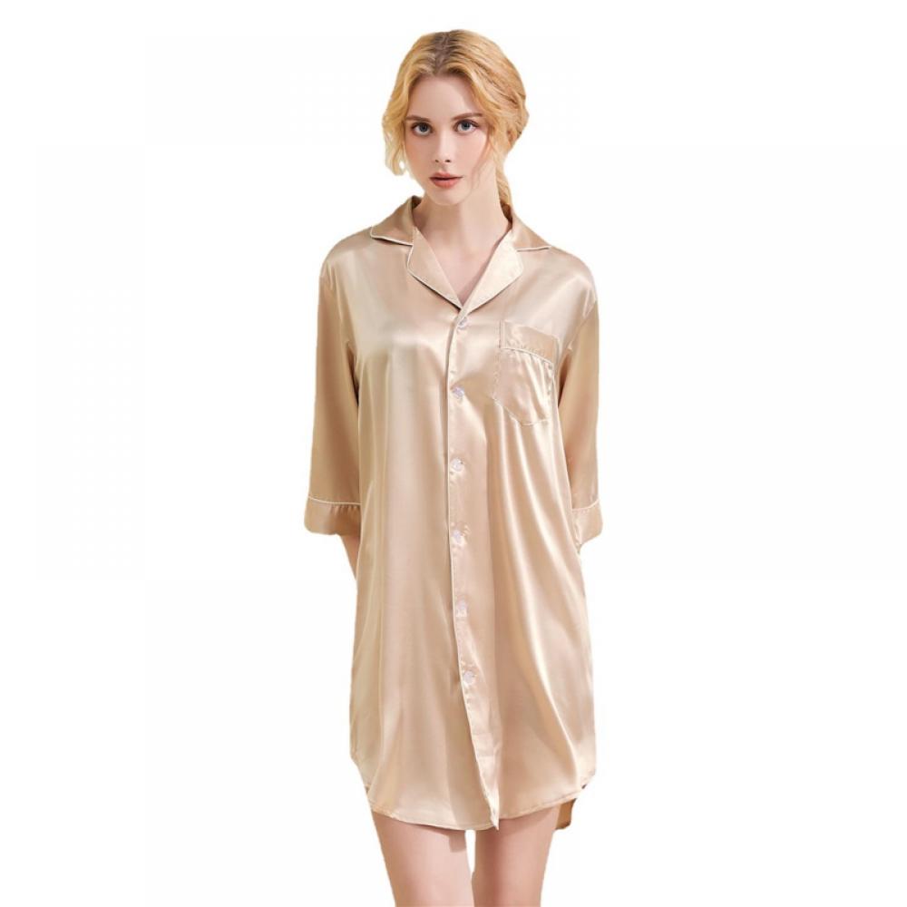 HBZDQB Women's Satin Sleepshirt – 3/4 Sleeve V-Nightgown With Pocket, Button Down Nightwear - View #11